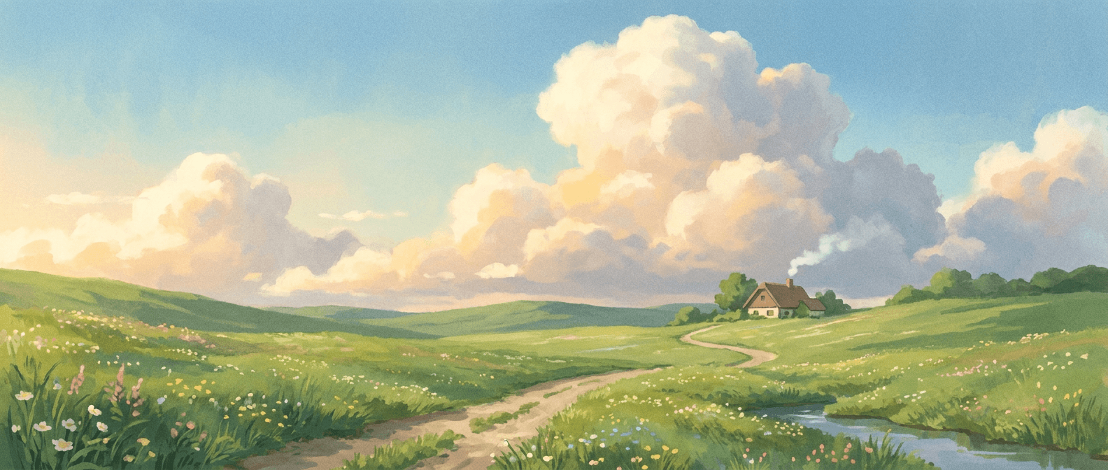 A painted hillside of wildflowers under a wide summer sky, a small cottage at the end of a winding path.